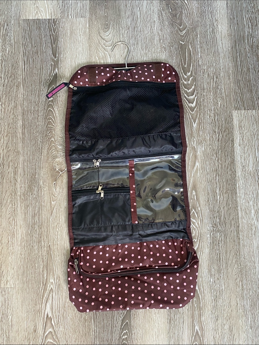 Polka Dot Hanging Travel Organizer Bag - Brown/Pink